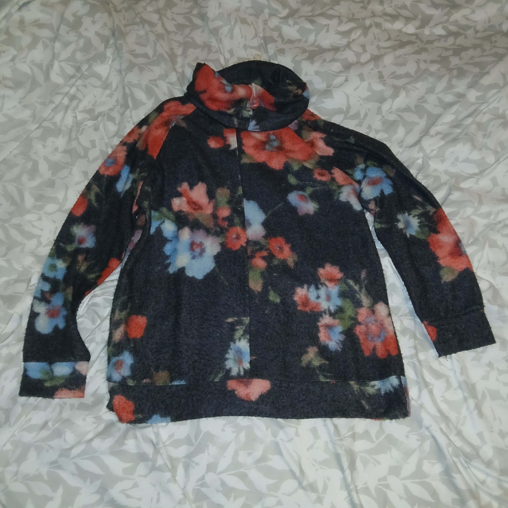 Honeyme Black Turtleneck Sweater with Red & Blue Floral Accents